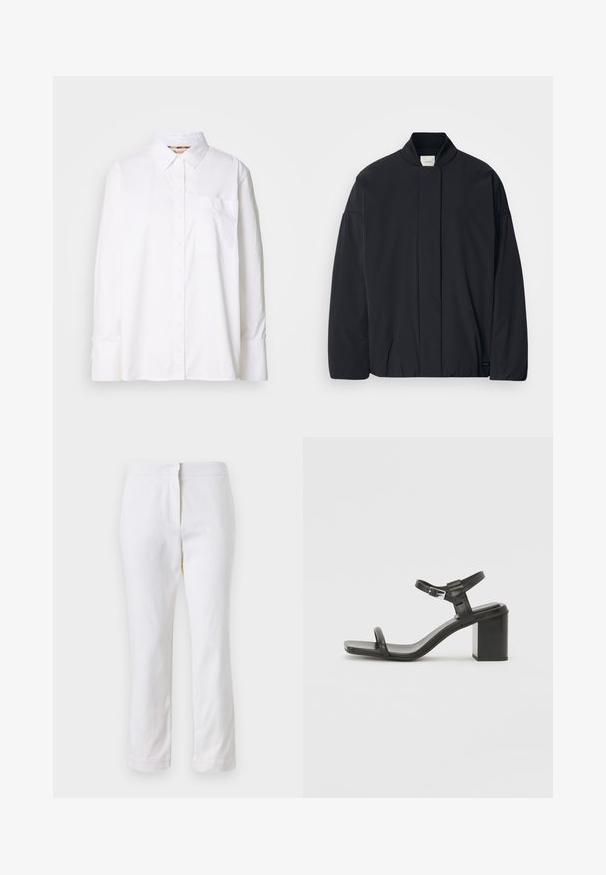 Casaco preto de mangas longas com colarinho canelado, fecho frontal oculto e uma etiqueta discreta da marca na bainha inferior, disposto plano sobre um fundo branco.; Camisa branca de botão feita de algodão. Apresenta um colarinho, mangas longas, um bolso no peito e uma textura subtil. Design simples, sem padrões.; Calças de algodão brancas com um design de perna reta, apresentando uma cintura de altura média e sem hardware ou padrões visíveis. Textura suave por toda a peça.; Sandal de bloco em pele preta com uma tira larga sobre os dedos e uma tira ajustável no tornozelo, apresentando um design elegante e minimalista.