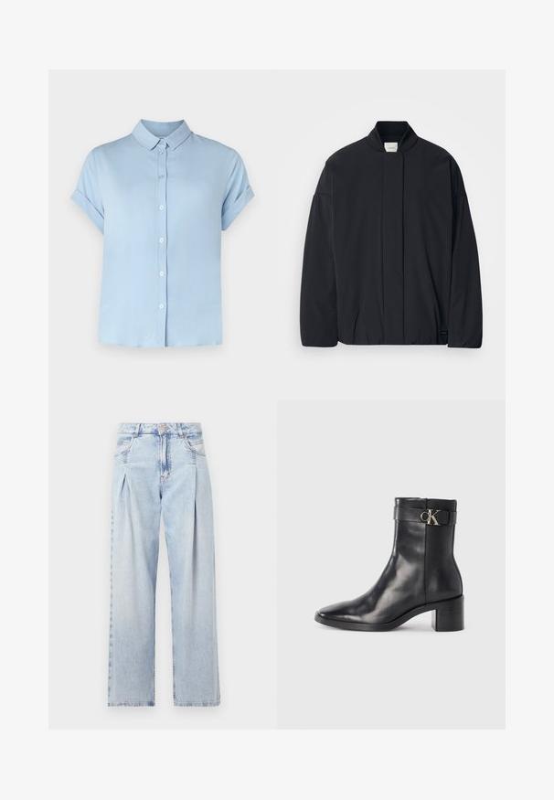 Black long-sleeve jacket with a ribbed collar, hidden front fastening, and subtle brand tag on the bottom hem, laid flat on a white background.; Samsøe Samsøe MAJAN SS - Button-down blouse - light blue; Light blue denim jeans with a high waist, wide-leg cut, two side pockets, and pleated design feature. Soft texture with a faded finish.; Black leather ankle boot with a pointed toe, block heel, and a strap featuring a metallic logo detail. Smooth texture and minimal design.