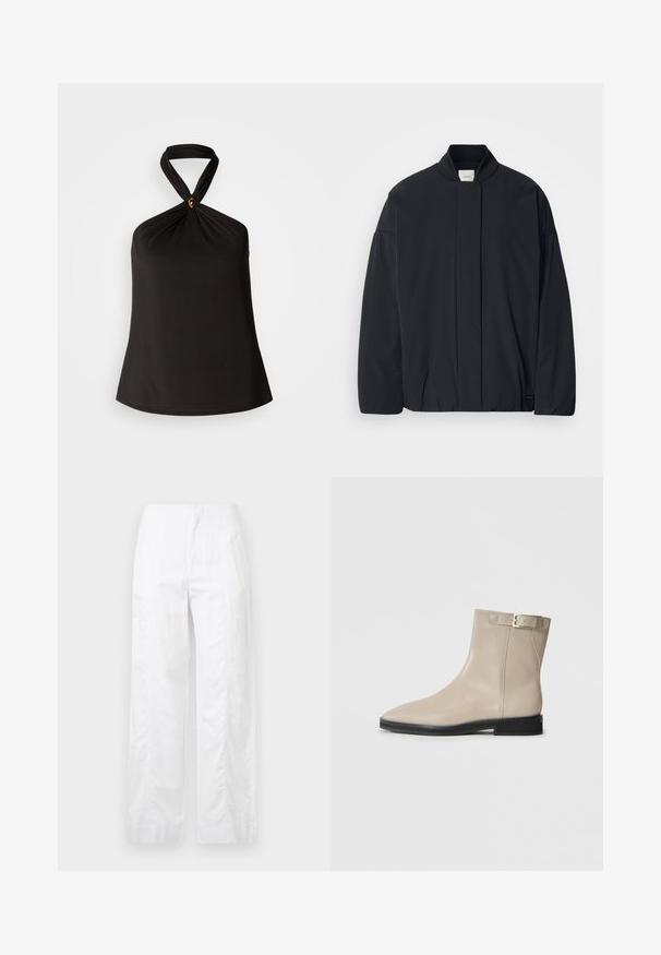 Fekete, hosszú ujjú dzseki bordás gallérral, rejtett előlapi záródással és diszkrét márkajelzéssel az alján, fehér háttéren elhelyezve.; Fekete pánt nélküli felső sima anyagból, csavarodott nyakdizájnnal és dekoratív arany kiegészítővel a középen. Egyszerű, lágy vonalvezetés.; Fehér, széles szárú nadrág könnyű anyagból, sima textúrával, letisztult vonalakkal és magasderék kialakítással.; Beige bőrből készült bokacsizma hegyes orral, fekete talppal, alacsony sarkal és aranycsat szíjjal a külső oldalon, fehér háttér előtt bemutatva.
