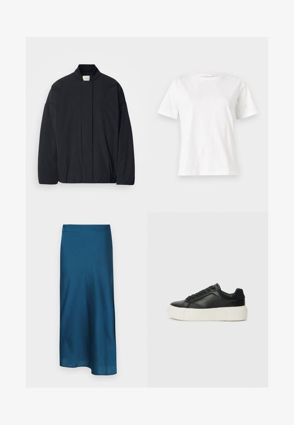 Fekete, hosszú ujjú dzseki bordás gallérral, rejtett előlapi záródással és diszkrét márkajelzéssel az alján, fehér háttéren elhelyezve.; Fehér pamut póló rövid ujjakkal, kerek nyakkivágással és laza szabással. Sima textúra, nincsenek minták vagy díszítések, minimalista dizájn.; Teal selyem midi szoknya sima textúrával, enyhe fényességgel és ívelt aljjal. Oldalsó résnyílással rendelkezik, amely fokozza a mozgást és a légáteresztőséget.; Fekete bőr sportcipő lekerekített orral, fehér platformtalppal és fekete fűzőkkel. Diszkrét logó található a sarokon és sima felülete van.