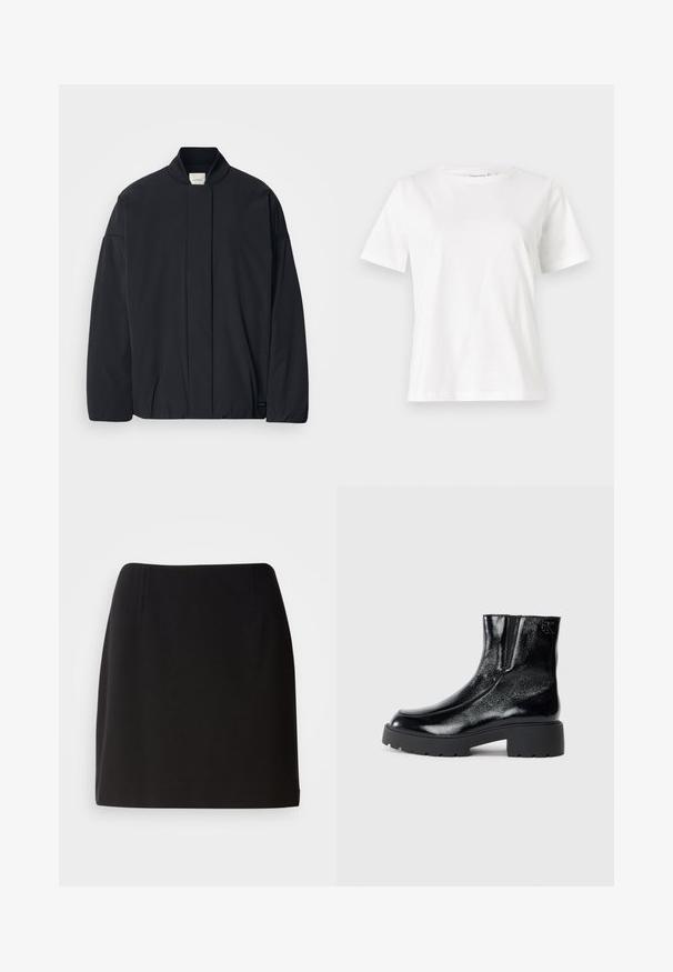 Casaco preto de mangas longas com colarinho canelado, fecho frontal oculto e uma etiqueta discreta da marca na bainha inferior, disposto plano sobre um fundo branco.; T-shirt de algodão branco com mangas curtas, decote redondo e um corte descontraído. Textura suave, sem padrões ou detalhes, design minimalista.; Saia preta com uma silhueta ajustada, feita de um tecido suave. Apresenta pregas frontais discretas e um design até à coxa.; Botas de tornozelo pretas com acabamento em pele envernizada brilhante, sola de borracha preta robusta e salto elevado; inclui um detalhe discreto do logótipo na lateral.