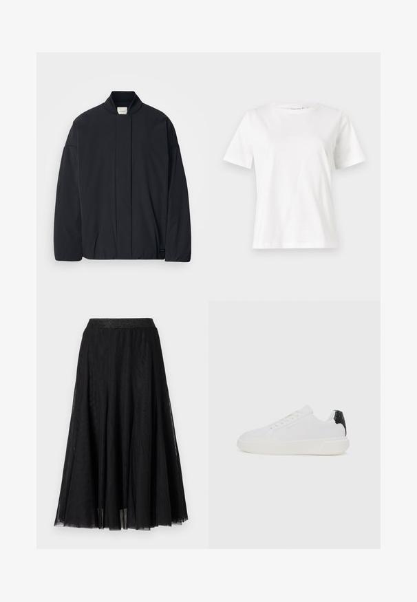 Črno dolg rokav jakna z rebrastim ovratnikom, skrito sprednje zapiranje in subtilna oznaka blagovne znamke na spodnjem robu, razporejena na belem ozadju.; Bela bombažna majica s kratkimi rokavi, okroglo izrezana in ohlapnega kroja. Gladka tekstura, brez vzorcev ali dodatkov, minimalističen dizajn.; Črna maksi krila z teksturiranim, tekočim dizajnom. Ima širok, svetleč pas in plasten prozoren material za eleganten videz.; Bele tenisice z teksturiranim črnim naglasom na peti, gladkim zgornjim delom iz blaga, okroglo konico, ravnim belim podplatom in vezalnim sprednjim delom.