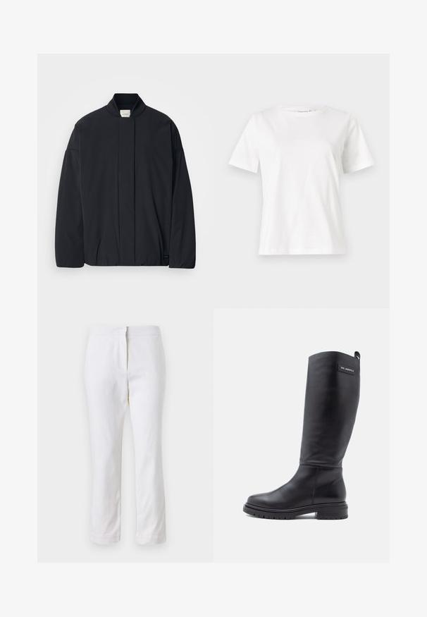 Casaco preto de mangas longas com colarinho canelado, fecho frontal oculto e uma etiqueta discreta da marca na bainha inferior, disposto plano sobre um fundo branco.; T-shirt de algodão branco com mangas curtas, decote redondo e um corte descontraído. Textura suave, sem padrões ou detalhes, design minimalista.; Calças de algodão brancas com um design de perna reta, apresentando uma cintura de altura média e sem hardware ou padrões visíveis. Textura suave por toda a peça.; Bota alta de couro preto com salto bloco baixo, sola de cravos e uma pequena etiqueta retangular perto do topo exibindo o nome da marca.