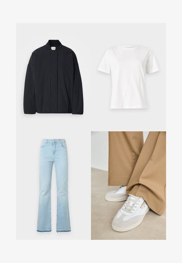 Czarna kurtka z długim rękawem, z ribbanym kołnierzem, ukrytym zapięciem z przodu i subtelną metką marki na dolnym brzegu, leżąca płasko na białym tle.; Biała bawełniana koszulka z krótkim rękawem, okrągłym dekoltem i luźnym krojem. Gładka tekstura, brak wzorów lub dodatków, minimalistyczny design.; Jasnoniebieskie dżinsy w stylu dzwonów, wykonane z denimu, z wysokim stanem, przednimi kieszeniami i surowym wykończeniem u mankietów, idealne na co dzień.; Białe trampki z zamszowymi akcentami, teksturowanym sznurowaniem i gumową podeszwą. W połączeniu z luźnymi brązowymi spodniami. Logo umieszczone z boku.
