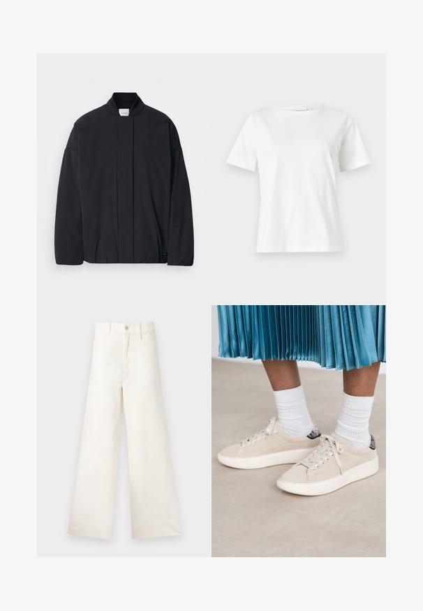 Sort langærmet jakke med ribbet krave, skjult lynlås foran og subtilt mærke på den nederste søm, lagt fladt på en hvid baggrund.; Hvid bomulds t-shirt med korte ærmer, rund halsudskæring og en afslappet pasform. Glat tekstur, ingen mønstre eller accenter, minimalistisk design.; Bredde benbukser i lys beige bomuld. Har høj talje, for- og baglommer samt lige pasform. Renset kantafslutning uden mønstre.; Beige ruskindsneakers med en hvid gummisål og snørebåndsdesign. Accentueret med en struktureret sort hælflap. Båret med hvide ribbede sokker.
