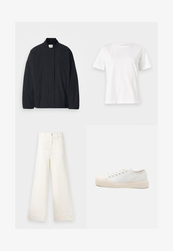 Černá bunda s dlouhým rukávem, žebrovaným límcem, skrytým zapínáním na přední straně a nenápadnou značkovou visačkou na spodním lemu, položená na bílé pozadí.; Bílý bavlněný tričko s krátkým rukávem, kulatým výstřihem a volnějším střihem. Hladká textura, bez vzorů nebo akcentů, minimalistický design.; Kalhoty s širokými nohavicemi v světle béžové bavlně. Mají vysoký pas, přední kapsy a rovný střih. Čistý lem bez vzorů.; Bílé plátěné tenisky s hladkou, silnou gumovou podrážkou, zaoblenou špičkou a jemnými detaily šití. Šněrovací design se šesti dírkami.