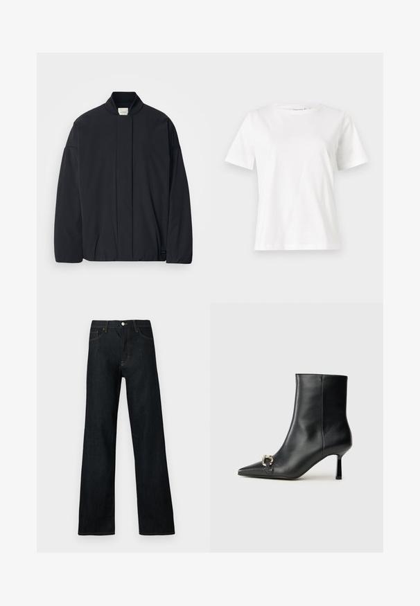 Černá bunda s dlouhým rukávem, žebrovaným límcem, skrytým zapínáním na přední straně a nenápadnou značkovou visačkou na spodním lemu, položená na bílé pozadí.; Bílý bavlněný tričko s krátkým rukávem, kulatým výstřihem a volnějším střihem. Hladká textura, bez vzorů nebo akcentů, minimalistický design.; Tmavě modré džínové kalhoty se širokými nohavicemi. Vyznačují se zapínáním na knoflík, pěti kapsami a kontrastním oranžovým prošitím.; Černá kožená kotníková bota s špičatou špičkou, úzkým středně vysokým podpatkem a stříbrnou sponou na straně, na jednobarevném pozadí.