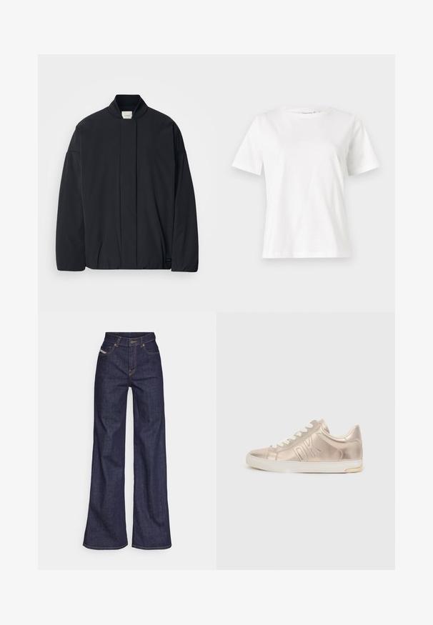 Casaco preto de mangas longas com colarinho canelado, fecho frontal oculto e uma etiqueta discreta da marca na bainha inferior, disposto plano sobre um fundo branco.; T-shirt de algodão branco com mangas curtas, decote redondo e um corte descontraído. Textura suave, sem padrões ou detalhes, design minimalista.; Jeans de perna larga azul escuro em tecido de denim com alta cintura, apresentando costura laranja, design de cinco bolsos e fecho de botão.; Sapatilhas metálicas douradas com atacadores brancos, apresentando o logótipo "DK" em relevo na lateral, bico redondo e um acabamento em pele texturizada. Sola branca com detalhe dourado.