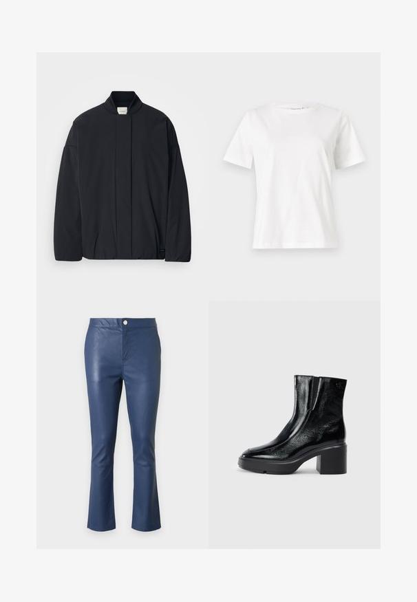 Black long-sleeve jacket with a ribbed collar, hidden front fastening, and subtle brand tag on the bottom hem, laid flat on a white background.; White cotton t-shirt with short sleeves, round neckline, and a relaxed fit. Smooth texture, no patterns or accents, minimalistic design.; Navy blue leather pants with a slim fit, flared hems, a front button closure, and a smooth texture. Visible stitching along the seams.; Black patent leather ankle boots with a curved toe, elastic side panels, and a chunky block heel. Features embossed logo on the back.