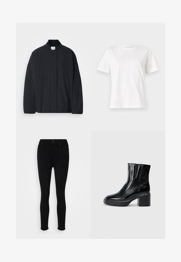 Casaco preto de mangas longas com colarinho canelado, fecho frontal oculto e uma etiqueta discreta da marca na bainha inferior, disposto plano sobre um fundo branco.; T-shirt de algodão branco com mangas curtas, decote redondo e um corte descontraído. Textura suave, sem padrões ou detalhes, design minimalista.; Jeans skinny pretos com um tecido liso e elástico, apresentando um design clássico de cinco bolsos e detalhes de costura discretos.; Botas de tornozelo de verniz preto com ponta curva, painéis laterais elásticos e um salto quadrado robusto. Apresenta um logotipo em relevo na parte de trás.