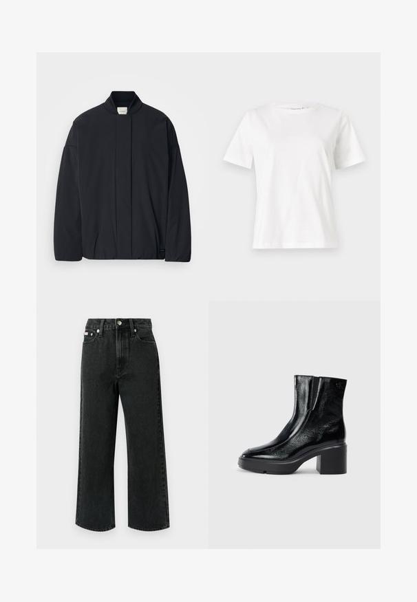 Black long-sleeve jacket with a ribbed collar, hidden front fastening, and subtle brand tag on the bottom hem, laid flat on a white background.; White cotton t-shirt with short sleeves, round neckline, and a relaxed fit. Smooth texture, no patterns or accents, minimalistic design.; Wide-leg jeans in black denim, featuring a high waist, two front pockets, a single back pocket, and a button closure with a silver accent.; Black patent leather ankle boots with a curved toe, elastic side panels, and a chunky block heel. Features embossed logo on the back.