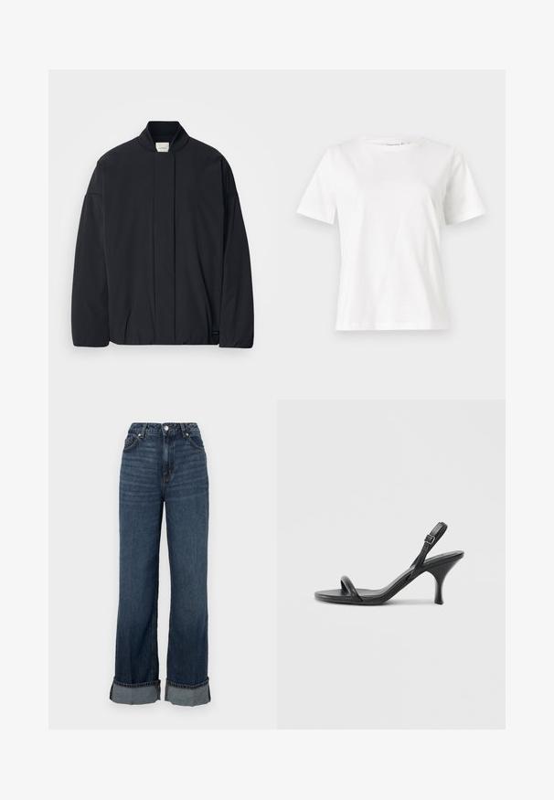 Crna jakna dugih rukava s rebrastim ovratnikom, skrivenim prednjim zatvaranjem i diskretnom etiketom branda na donjem rubu, položena ravno na bijeloj pozadini.; Bijela pamučna majica s kratkim rukavima, okruglim izrezom i opuštenim krojem. Glatka tekstura, bez uzoraka ili akcenata, minimalistički dizajn.; Tamnoplav jeans s visokim pojasom i širokim nogavicama, s kontrastnim šavovima, preklopom na rubu i klasičnim dizajnom s pet džepova.; Crne kožne sandale na visoku petu s tankom, zakrivljenom petom i dizajnom prekriženih traka. Podesiva traka oko gležnja. Glatka tekstura.