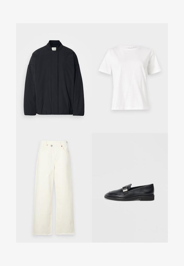 Musta pitkähihaisella takilla, jossa on ribattua kaulusta, piilotettu etukiinnitys ja hillitty brändilogo alareunassa, asetettuna tasaisesti valkoista taustaa vasten.; Valkoinen puuvillapaita lyhyillä hihoilla, pyöreällä kaula-aukolla ja rentolla istuvuudella. Sujuva rakenne, ei kuvioita tai yksityiskohtia, minimalistinen muotoilu.; leveleita, kermanväriset farkut, joissa on korkeampi vyötärö, viisi taskua ja raaka helma, jotka tarjoavat rentoa istuvuutta.; Mustat nahkalaput, joissa on hopeinen suorakulmainen solki päällä ja matala korko valkoista taustaa vasten.