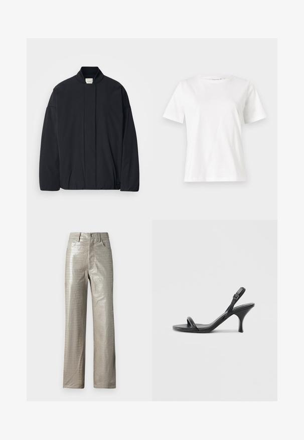 Casaco preto de mangas longas com colarinho canelado, fecho frontal oculto e uma etiqueta discreta da marca na bainha inferior, disposto plano sobre um fundo branco.; T-shirt de algodão branco com mangas curtas, decote redondo e um corte descontraído. Textura suave, sem padrões ou detalhes, design minimalista.; Calças em imitação de couro cinza claro com padrão de crocodilo, de perna reta, com bolsos dianteiros, passantes para cinto e fecho de botão na cintura.; Sandálias de salto alto em couro preto com um salto curvado e fino e um design de tiras cruzadas. Correia ajustável no tornozelo. Textura suave.