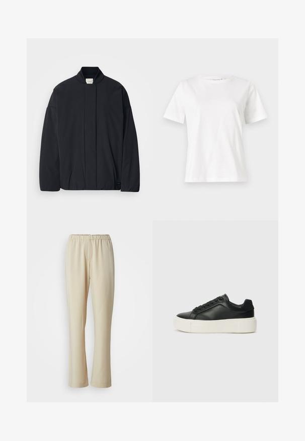 Čierna dlhá bundá s rebrovaným golierom, skrytým predným zapínaním a diskrétnou značkou na dolnom leme, položená na bielom pozadí.; Biela bavlnená tričko s krátkymi rukávmi, okrúhlym výstrihom a voľným strihom. Hladká textúra, bez vzorov alebo akcentov, minimalistický dizajn.; Béžové, ľahké nohavice s elastickým pásom, rovnými nohavicami a hladkou textúrou, bez viditeľných vzorov alebo akcentov.; Čierne kožené tenisky s okrúhlou špičkou, bielou platformou a čiernymi šnúrkami. Obsahujú diskrétnu logo na päte a hladkú textúru.