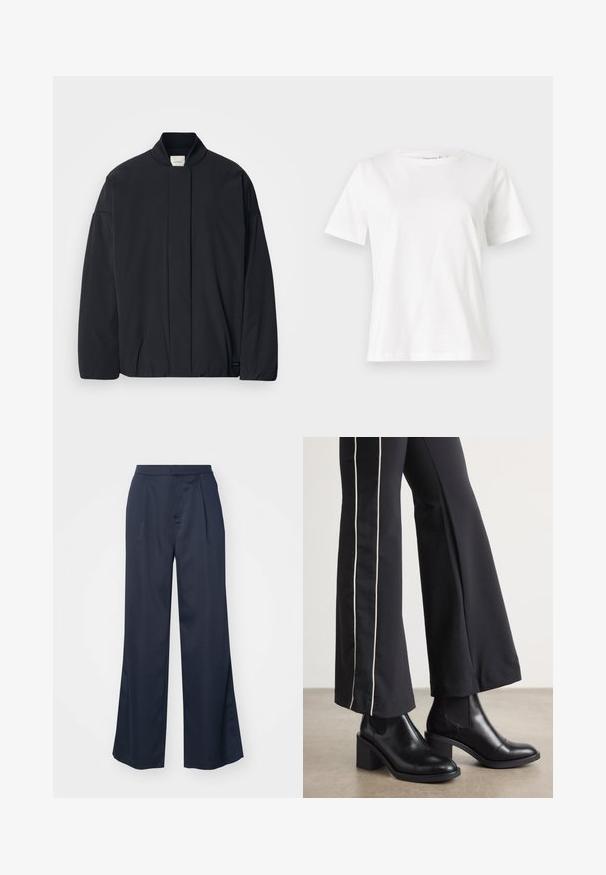 Černá bunda s dlouhým rukávem, žebrovaným límcem, skrytým zapínáním na přední straně a nenápadnou značkovou visačkou na spodním lemu, položená na bílé pozadí.; Bílý bavlněný tričko s krátkým rukávem, kulatým výstřihem a volnějším střihem. Hladká textura, bez vzorů nebo akcentů, minimalistický design.; Námořnické kalhoty s vysokým pasem, širokými nohavicemi a předními skladbami. Vyrobeny z hladké tkaniny s jemným leskem.; Černé kožené kotníkové boty na blokovém podpatku, s elastickými bočními panely. V kombinaci s černými kalhotami, které mají bílý boční pruh.