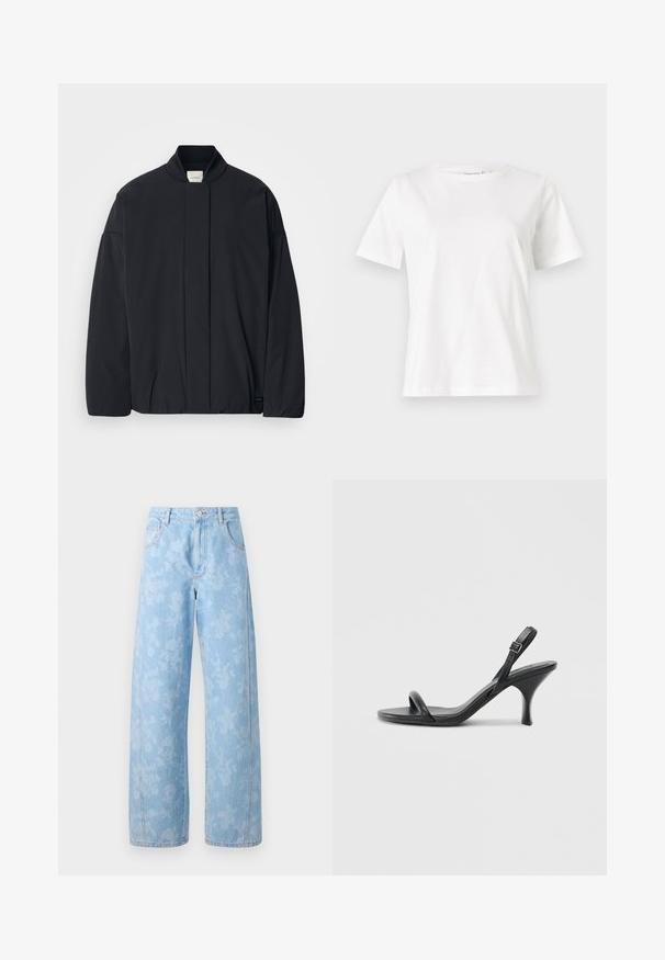 Fekete, hosszú ujjú dzseki bordás gallérral, rejtett előlapi záródással és diszkrét márkajelzéssel az alján, fehér háttéren elhelyezve.; Fehér pamut póló rövid ujjakkal, kerek nyakkivágással és laza szabással. Sima textúra, nincsenek minták vagy díszítések, minimalista dizájn.; Mads Nørgaard ART CHRISTEL - Laza szabású farmerek - light denim; Fekete bőrből készült, magassarkú szandál, vékony, ívelt sarokkal és keresztben átkötött pántokkal. Állítható bokapánt. Sima felület.