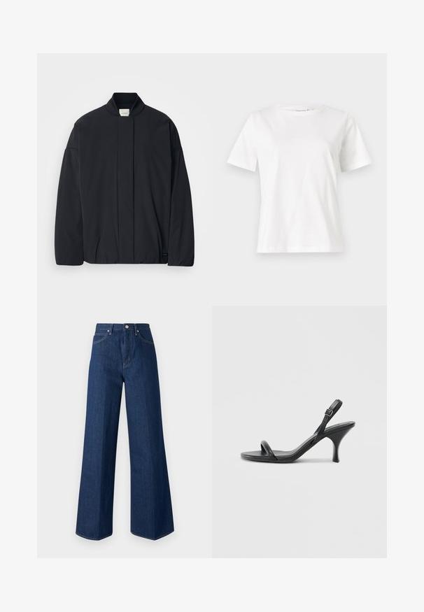 Svart langermet jakke med ribbestrikket krage, skjult frontlukking og subtil merkeetikett på bunnsømmen, lagt flatt på en hvit bakgrunn.; Hvit bomull t-skjorte med korte ermer, rund hals og avslappet passform. Glatt tekstur, ingen mønstre eller detaljer, minimalistisk design.; Bredde ben jeans i mørk blå denim, med klassisk fem-lommers design, synlige sømmer og knappestolpe foran.; Sorte skinnhøye hæler med en slank, buet hæl og et kryssrem-design. Justerbar ankelrem. Glatt tekstur.