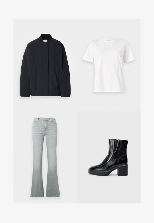Svart långärmad jacka med ribbad krage, dold framknäppning och diskret logotyp på nederkanten, liggande platt på en vit bakgrund.; Vit bomullströja med korta ärmar, rund halsringning och en avslappnad passform. Slät textur, inga mönster eller detaljer, minimalistisk design.; Ljusgrå utsvängda jeans i denim med hög midja, femficksdesign och en slät textur med subtila blekningar.; Svarta lacklädersankelstövlar med rundad tå, elastiska sidopaneler och en chunky klack. Har en präglad logotyp på baksidan.