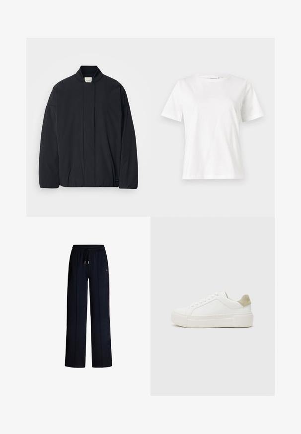 Zwarte lange mouwen jas met een geribde kraag, verborgen sluiting aan de voorkant en een subtiele merketiket op de onderrand, plat gelegd op een witte achtergrond.; Witte katoenen t-shirt met korte mouwen, ronde halslijn en een ontspannen pasvorm. Gladde textuur, geen patronen of accenten, minimalistisch ontwerp.; Marineblauwe sweatpants met een wijduitlopende pasvorm, elastische tailleband, trekkoordsluiting en crèmekleurige zijstrepen. Gemaakt van zachte, gestructureerde stof.; Witte sneaker met een glad leren bovenwerk, lichtgrijze suède hielaccent en een stevige witte rubberen zool. Voorzien van een vetersluiting.