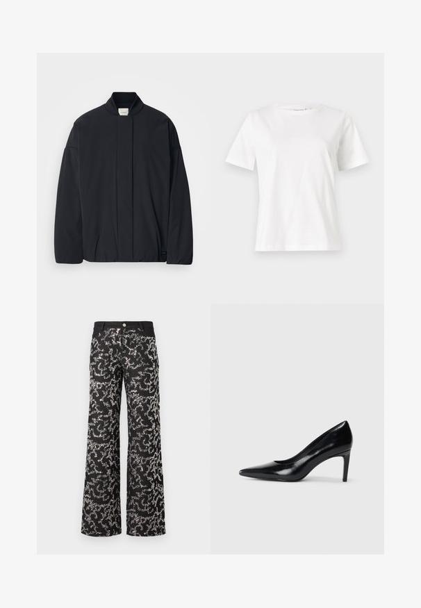 Jachetă neagră cu mâneci lungi, cu guler ribbat, închidere frontală ascunsă și etichetă subtilă a brandului pe tivul de jos, așezată pe un fundal alb.; Tricou alb din bumbac cu mâneci scurte, guler rotund și o croială relaxată. Textură netedă, fără imprimeuri sau accente, design minimalist.; Pantaloni negri cu talie înaltă, cu picioare largi, având un model cu cercuri din paiete argintii pe întreaga suprafață și închidere cu nasture în față.; Pantof de damă din piele neagră, cu toc înalt, vârf ascuțit, textură fină și toc conic. Design minimalist, fără embellishments suplimentare.