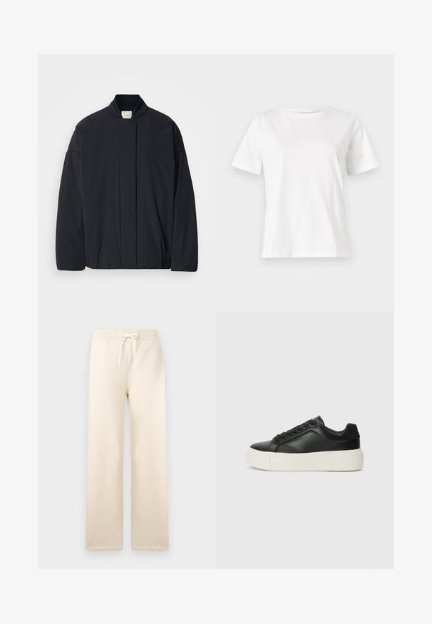 Zwarte lange mouwen jas met een geribde kraag, verborgen sluiting aan de voorkant en een subtiele merketiket op de onderrand, plat gelegd op een witte achtergrond.; Witte katoenen t-shirt met korte mouwen, ronde halslijn en een ontspannen pasvorm. Gladde textuur, geen patronen of accenten, minimalistisch ontwerp.; Crème-kleurige sweatpants van zachte stof, met een elastische tailleband en een trekkoord, wijde benen en zonder zichtbaar patroon.; Zwarte leren sneaker met een ronde neus, witte platformzool en zwarte veters. Bevat een subtiele logo op de hiel en een gladde textuur.