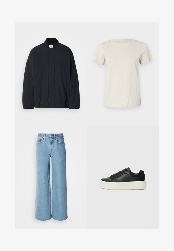 Czarna kurtka z długim rękawem, z ribbanym kołnierzem, ukrytym zapięciem z przodu i subtelną metką marki na dolnym brzegu, leżąca płasko na białym tle.; Jasno-beżowy, krótki rękaw bawełniany T-shirt z okrągłym dekoltem i subtelnym detalem tekstowym z przodu. Gładka tekstura i luźny fason.; Jasnoniebieskie dżinsy typu wide-leg, wykonane z denimu, z wysokim stanem, pięciokieszeniowym stylem i subtelnym wyblaknięciem na materiale.; Czarne skórzane trampki z zaokrąglonym czubkiem, białą platformą i czarnymi sznurówkami. Charakteryzują się subtelnym logo na pięcie i gładką fakturą.