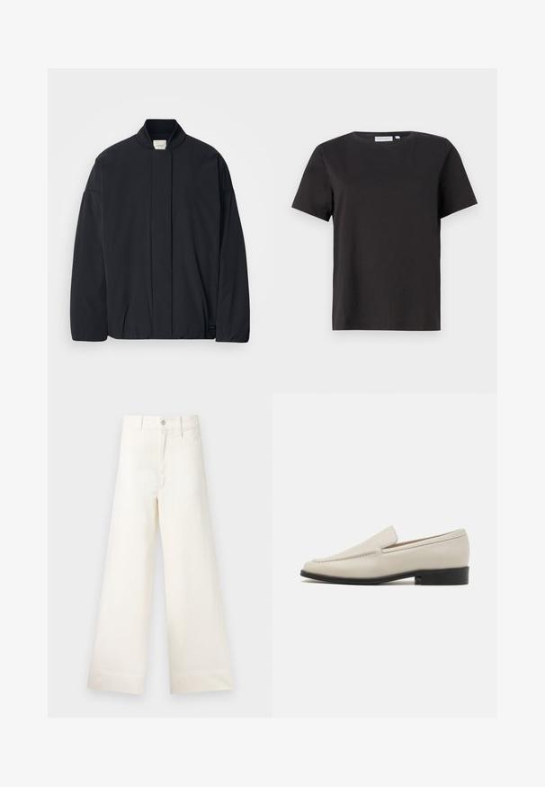 Sort langærmet jakke med ribbet krave, skjult lynlås foran og subtilt mærke på den nederste søm, lagt fladt på en hvid baggrund.; Sort bomulds T-shirt med korte ærmer, rund halsudskæring og et enkelt, rent design. Ingen synlige mønstre eller udsmykninger.; Bredde benbukser i lys beige bomuld. Har høj talje, for- og baglommer samt lige pasform. Renset kantafslutning uden mønstre.; Beige læder slip-on loafers med et slankt design, mandelformet tå, minimal syning og en lav sort hæl. Glat overflade.
