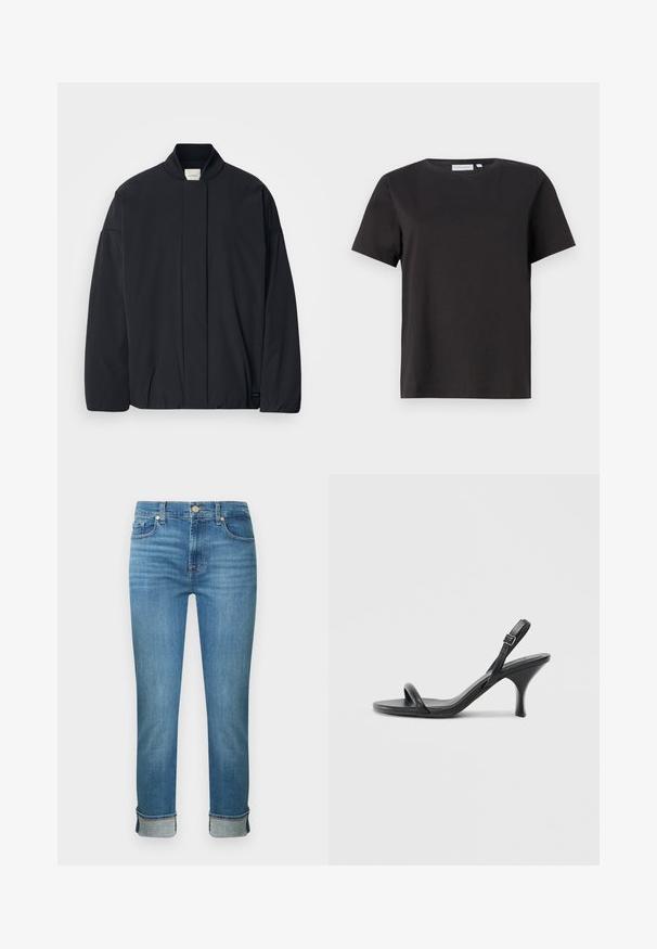 Veste noire à manches longues avec un col côtelé, fermeture frontale cachée et une étiquette de marque discrète au bas de l'ourlet, posée à plat sur un fond blanc.; T-shirt en coton noir à manches courtes, avec un col rond et un design simple et épuré. Pas de motifs ou d'ornements visibles.; Jeans en denim bleu clair avec une coupe droite, comprenant cinq poches, une fermeture par bouton et des revers roulés. Texture lisse avec un délavage subtil.; Sandales à talons hauts en cuir noir avec un talon fin et courbé et un design de brides croisées. Bride de cheville réglable. Texture lisse.