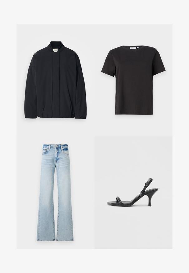 Fekete, hosszú ujjú dzseki bordás gallérral, rejtett előlapi záródással és diszkrét márkajelzéssel az alján, fehér háttéren elhelyezve.; Fekete pamut póló rövid ujjakkal, kerek nyakkivágással és egyszerű, letisztult dizájnnal. Nincsenek látható minták vagy díszítések.; Világoskék, bővített szabású farmernadrág, közepes derékmagasítással, öt zsebbel és eltérő színű varrással, megkopott hatással.; Fekete bőrből készült, magassarkú szandál, vékony, ívelt sarokkal és keresztben átkötött pántokkal. Állítható bokapánt. Sima felület.