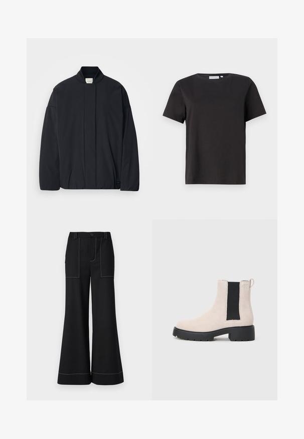 Fekete, hosszú ujjú dzseki bordás gallérral, rejtett előlapi záródással és diszkrét márkajelzéssel az alján, fehér háttéren elhelyezve.; Fekete pamut póló rövid ujjakkal, kerek nyakkivágással és egyszerű, letisztult dizájnnal. Nincsenek látható minták vagy díszítések.; Fekete, bő szárú nadrág látható fehér varrással, gombos záródással és két elülső zsebbel. Simaságot árasztó anyag, igényes kivitelezéssel.; Beige velúr Chelsea csizma fekete elasztikus oldalsó panellel, tömzsi fekete talppal és fülekkel a bokánál.