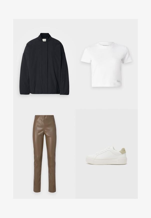 Must musta pikkade varrukatega jakk soonikkoes, peidetud esikinnis, ja diskreetne brändi silt alumisel äärel, asetatud tasasele valgele taustale.; Valge lühike t-särk, mis on valmistatud siledast puuvillast, kõrge kaelusega ja lühikeste varrukatega. Väike tikand logoga alumises nurgas.; Pruun kunstnahast püksid, millel on sile ja läikiv tekstuur. Omavad kõrget vööd ja sirgeid jalgu, minimaalsete õmblusdetailidega.; Valged tennised sileda nahast peals, heledast hallist nahast kanna detailiga ja paksu valge kummitald. Omab sidumisdisaini.