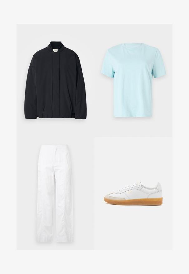 Fekete, hosszú ujjú dzseki bordás gallérral, rejtett előlapi záródással és diszkrét márkajelzéssel az alján, fehér háttéren elhelyezve.; Világoskék pamut póló, rövid ujjakkal, kerek nyakkal és Diszkrét 'Calvin Klein' hímzett logóval az elején.; Fehér, széles szárú nadrág könnyű anyagból, sima textúrával, letisztult vonalakkal és magasderék kialakítással.; Fehér bőr sportcipő bézs velúr részletekkel, gumitalppal és fűzős kialakítással. Diszkrét aranyszínű logóval rendelkezik.