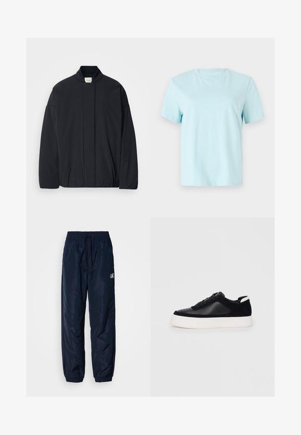 Juodas ilgarankovis švarkas su raštuota apykakle, užslėptu priekiu užsegimu ir subtilia prekės etiketė apačioje, padėtas ant baltos fono.; Šviesiai mėlyna medvilninė marškinėliai su trumpomis rankovėmis, apykakle ir subtiliu siuvinėtu 'Calvin Klein' logotipu priekyje.; Jūrininkų viento atsparūs kelnių švarkai, pagaminti iš blizgaus sintetinio audinio, turintys elastingą gumą su raišteliu, užsegamus hemus ir logotipo akcentą.; Juodi sportbačiai su lygiu oda ir zomšinėmis detalėmis, plokščiomis raišteliais, apvaliu walko ir balta guma iš baze. Išskirtinė logotipas ant kulno.