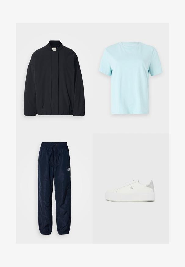 Čierna dlhá bundá s rebrovaným golierom, skrytým predným zapínaním a diskrétnou značkou na dolnom leme, položená na bielom pozadí.; Svetlomodré bavlnené tričko s krátkymi rukávmi, okrúhlym výstrihom a jemným vyšitém logom 'Calvin Klein' na prednej strane.; Námornícke vetrovky nohavice, vyrobené z lesklého syntetického materiálu, s elastickým pásom so sťahovacou šnúrkou, manžetovými lemami a akcentom loga.; Biele plátené tenisky s hrubou bielou podrážkou, so strieborným kovovým akcentom na päte a jemným logom na boku.