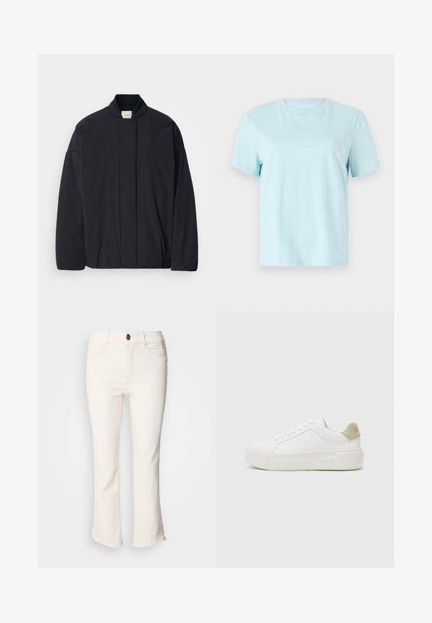 Svart långärmad jacka med ribbad krage, dold framknäppning och diskret logotyp på nederkanten, liggande platt på en vit bakgrund.; Ljusblå bomullströja med korta ärmar, rundad halsringning och subtilt broderad "Calvin Klein"-logotyp på framsidan.; Vita, avklippta jeans med utsvängd nederdel. Har en knappstängning, framfickor och något fransad nederkant. Denimtyg.; Vita sneakers med en slät läderöverdela, ljusgrå mocka-hälaccent och en kraftig vit gummisula. Har en snördesign.