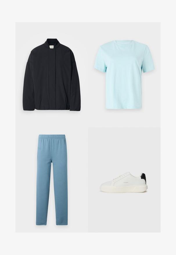 Črno dolg rokav jakna z rebrastim ovratnikom, skrito sprednje zapiranje in subtilna oznaka blagovne znamke na spodnjem robu, razporejena na belem ozadju.; Svjetloplavi pamučni majica s kratkim rukavima, okruglim izrezom i suptilnim vezom 'Calvin Klein' na prednjoj strani.; Svetloplave trenirke iz mehkega materiala z elastikami v pasu, ožjimi hlačnicami in subtilnim logotipom blagovne znamke odtisnjenim spredaj.; Bela trenerka z gladkim usnjenim zgornjim delom, okroglo prst, z vezalnim zapiranjem in kontrastnim črnim poudarkom na peti. Ima teksturiran gumijast podplat.