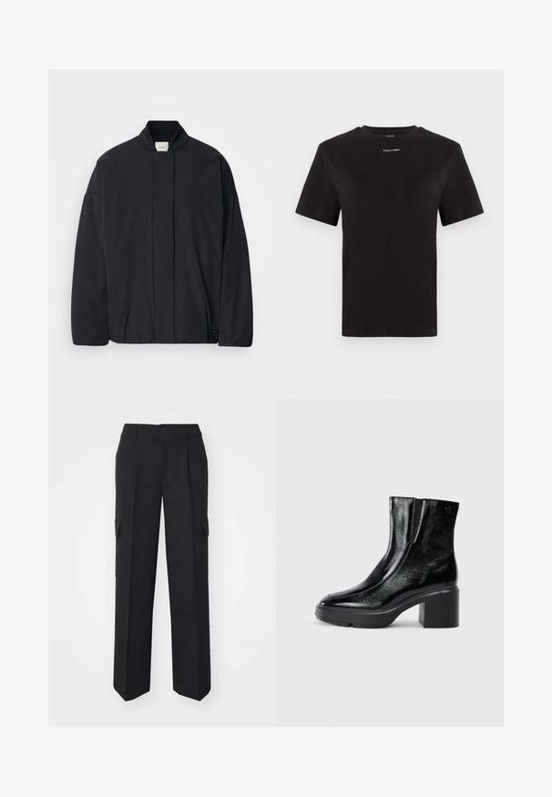 Juodas ilgarankovis švarkas su raštuota apykakle, užslėptu priekiu užsegimu ir subtilia prekės etiketė apačioje, padėtas ant baltos fono.; Juodas medvilninis marškinėliai trumpomis rankovėmis, apykaklė, su mažu baltu "Calvin Klein" logotipu krūtinėje. Lygus paviršius, klasikinis siluetas.; Juodos krovinių kelnės su tiesiais šonais, turinčios šonines kišenes, priekinį mygtuko užsegimą ir pagamintos iš tvirto audinio.; Juodi lakiniai auliniai batai iki kulkšnies, su išlenktu pirštu, elastinėmis šoninėmis panelėmis ir masyviu blokuotu kulnu. Apdailoje užpakalinėje dalyje įspaustas logotipas.