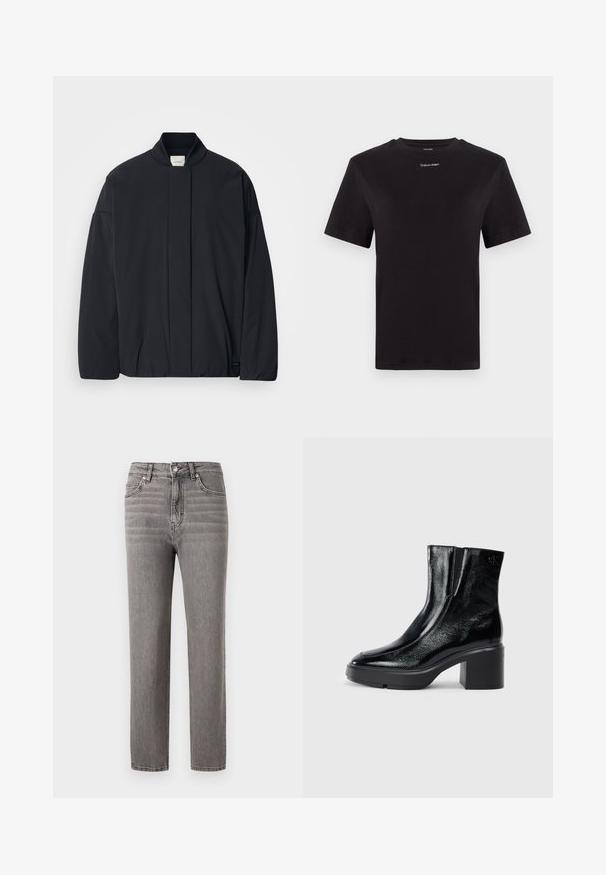 Casaco preto de mangas longas com colarinho canelado, fecho frontal oculto e uma etiqueta discreta da marca na bainha inferior, disposto plano sobre um fundo branco.; T-shirt preta de algodão com mangas curtas, decote redondo e pequeno logótipo branco "Calvin Klein" no peito. Textura suave, ajuste clássico.; Jeans de ganga cinza com um design de corte reto, cintura média, cinco bolsos e detalhes sutis em costura vertical. Textura suave e leve.; Botas de tornozelo de verniz preto com ponta curva, painéis laterais elásticos e um salto quadrado robusto. Apresenta um logotipo em relevo na parte de trás.