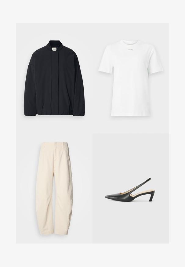 Svart langermet jakke med ribbestrikket krage, skjult frontlukking og subtil merkeetikett på bunnsømmen, lagt flatt på en hvit bakgrunn.; Hvit bomull t-skjorte med rund hals, korte ermer og en liten svart "Calvin Klein" logo på brystet. Enkel design, ingen mønstre.; Kremfargede bukser laget av et teksturert materiale, med høy midje, rette ben og sidelommer.; Svart spiss tå slingback-sko med lav hæl, laget av jevnt skinnmateriale og med utskåret design på siden for pusteevne.