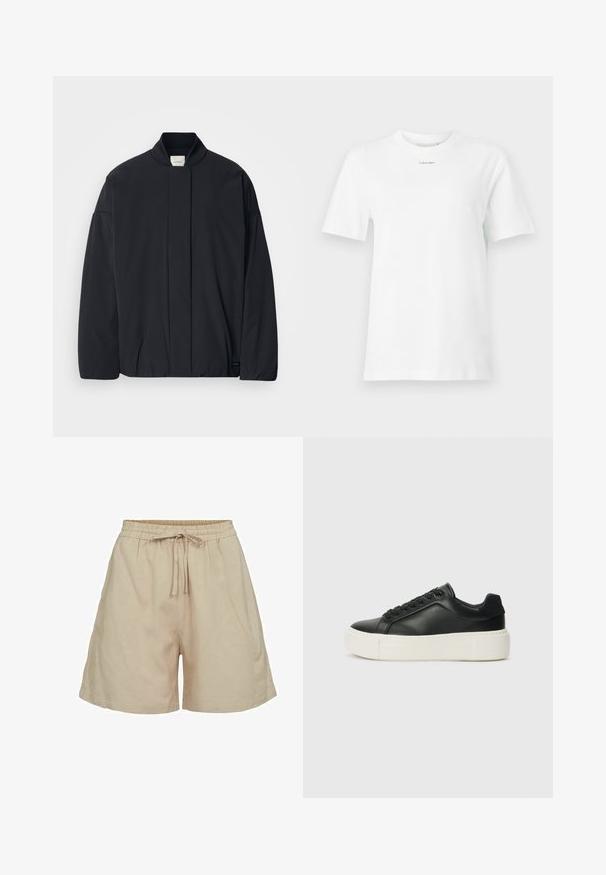 Juodas ilgarankovis švarkas su raštuota apykakle, užslėptu priekiu užsegimu ir subtilia prekės etiketė apačioje, padėtas ant baltos fono.; Baltas medvilninis marškinėliai su apykakle, trumpomis rankovėmis ir mažu juodu "Calvin Klein" logotipu krūtinėje. Paprastas dizainas, be raštų.; Šviesiai rudos, lengvos medžiagos šortai su elastinga juosta ir raišteliu. Su laisvu kirpimu ir šoninėmis kišenėmis. Lygus tekstūra.; Juodas odinis sportbačių modelis su apvaliu priekiu, baltu platformos padu ir juodais raišteliais. Yra subtilus logotipas ant kulno ir glotni tekstūra.