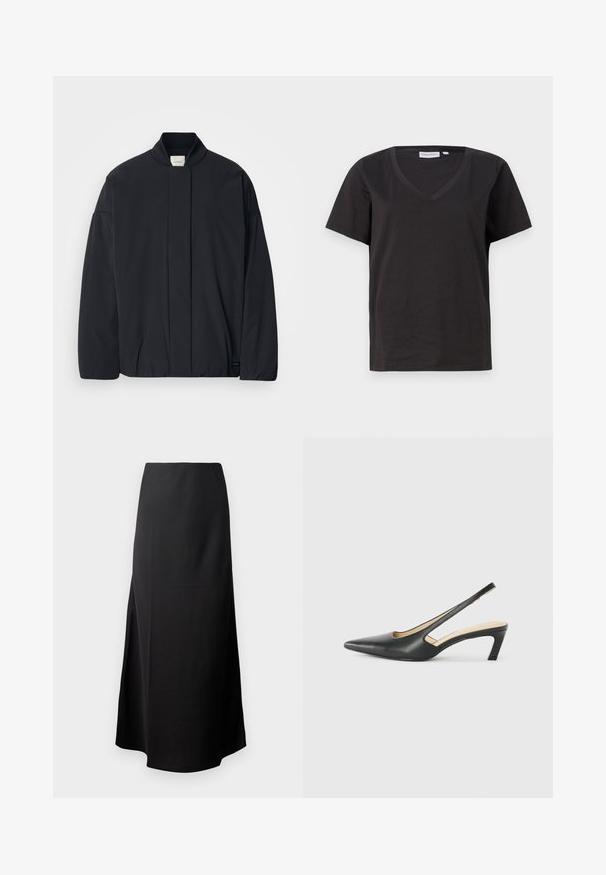 Must musta pikkade varrukatega jakk soonikkoes, peidetud esikinnis, ja diskreetne brändi silt alumisel äärel, asetatud tasasele valgele taustale.; Must musta T-särk V-kaelusega ja lühikeste varrukatega. Lihtne disain, regulaarne istuvus, ilma mustrite ja aktsentideta.; Must muströöd, millel on sile tekstuur, kõrge vöökoht ja külglahandus, millel on lihtne, ilma kaunistusteta siluett.; Must mustaga, terav varvas, madala kontsaga sildiga king, mis on valmistatud siledast nahast ja mille küljel on lõike disain hingavuse tagamiseks.