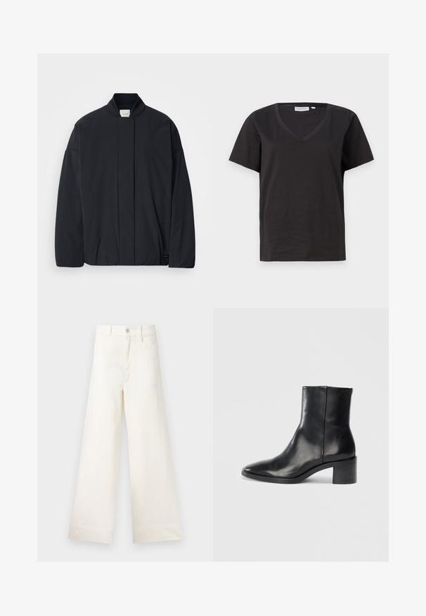 Svart langermet jakke med ribbestrikket krage, skjult frontlukking og subtil merkeetikett på bunnsømmen, lagt flatt på en hvit bakgrunn.; Svart bomull T-skjorte med V-hals og korte ermer. Enkel design med vanlig passform og uten mønstre eller detaljer.; Vide bukser i lys beige bomull. Har høy midje, frontlommer og rett passform. Renslig søm uten mønstre.; Svart ankelstøvlett i lær med spiss tå, lav blokkhelt og subtilt preget logo. Glatt tekstur med et elegant design og minimal søm.