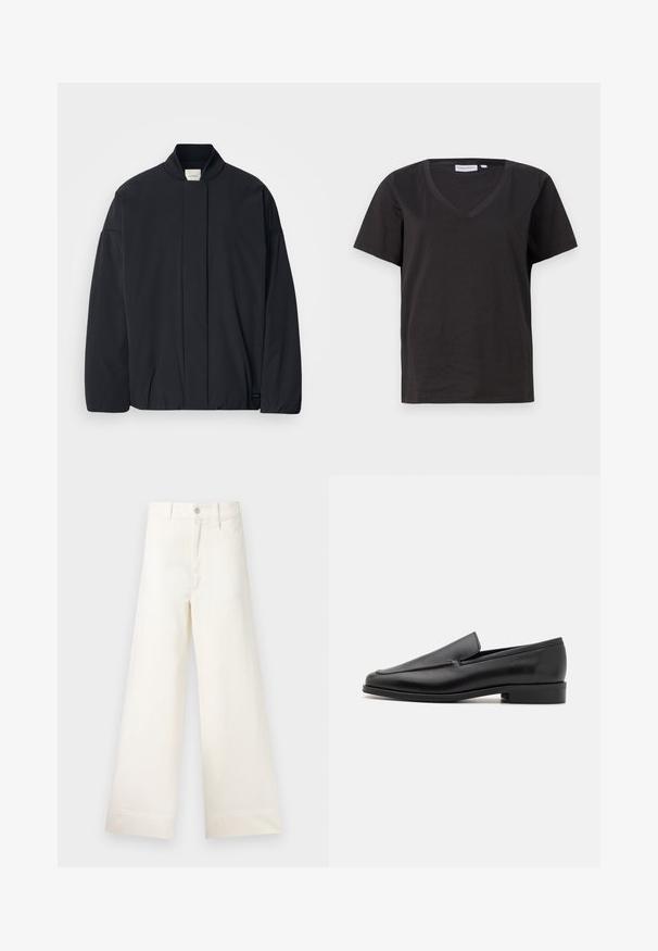Schwarze Jacke mit langen Ärmeln, geripptem Kragen, verstecktem Frontverschluss und dezentem Markenetikett am unteren Saum, flach auf einem weißen Hintergrund ausgelegt.; Schwarzes Baumwoll-T-Shirt mit V-Ausschnitt und kurzen Ärmeln. Einfaches Design mit normalem Schnitt und ohne Muster oder Akzente.; Weite Hosen aus hellem beigen Baumwollstoff. Mit hoher Taille, vorderen Taschen und geradem Schnitt. Saubere Saumverarbeitung ohne Muster.; Schwarze Lederloafers mit abgerundetem Zehenbereich, glatter Oberfläche, subtilen Nähdetails und einem niedrigen, klobigen Absatz. Flaches Sohlen-Design für Komfort.