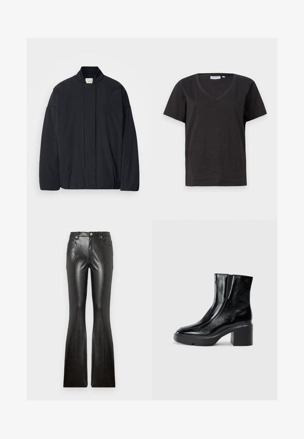 Black long-sleeve jacket with a ribbed collar, hidden front fastening, and subtle brand tag on the bottom hem, laid flat on a white background.; Black cotton T-shirt with a V-neck and short sleeves. Simple design with a regular fit and no patterns or accents.; Black leather flared pants featuring a smooth texture, five pockets, front button closure, and a fitted silhouette through the thighs.; Black patent leather ankle boots with a curved toe, elastic side panels, and a chunky block heel. Features embossed logo on the back.