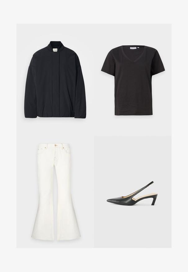 Must musta pikkade varrukatega jakk soonikkoes, peidetud esikinnis, ja diskreetne brändi silt alumisel äärel, asetatud tasasele valgele taustale.; Must musta T-särk V-kaelusega ja lühikeste varrukatega. Lihtne disain, regulaarne istuvus, ilma mustrite ja aktsentideta.; Valged flared teksad kõrge vöökohaga, valmistatud denimist. Omadusteks on pealõng ja ees olevad taskud. Sile tekstuur koos struktureeritud disainiga.; Must mustaga, terav varvas, madala kontsaga sildiga king, mis on valmistatud siledast nahast ja mille küljel on lõike disain hingavuse tagamiseks.