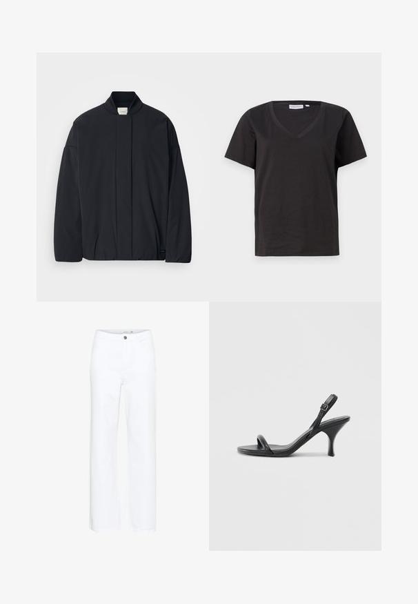 Juodas ilgarankovis švarkas su raštuota apykakle, užslėptu priekiu užsegimu ir subtilia prekės etiketė apačioje, padėtas ant baltos fono.; Juodas medvilninis marškinėlis su V formos iškirpte ir trumpomis rankovėmis. Paprastas dizainas, reguliaraus kirpimo, be raštų ar akcentų.; Balti plačios džinsinės kelnės. Su sagčių uždarymu ir tradiciniu penkių kišenių dizainu. Lygus paviršius su švariu užbaigimu.; Juodos odinės aukštakulnės šlepetės su plonu, kreiviu kulnu ir kryžminiu dirželio dizainu. Reguliuojamas kulkšnies dirželis. Lygus paviršius.