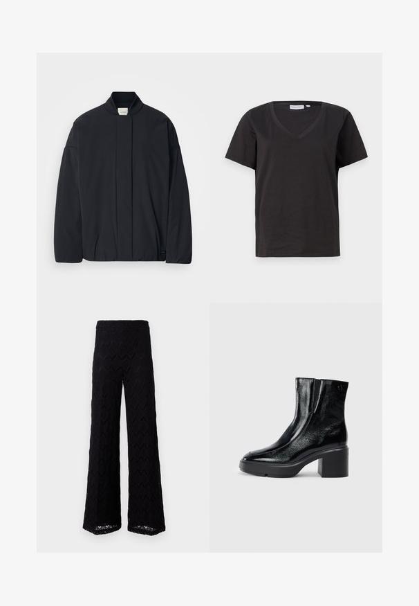 Schwarze Jacke mit langen Ärmeln, geripptem Kragen, verstecktem Frontverschluss und dezentem Markenetikett am unteren Saum, flach auf einem weißen Hintergrund ausgelegt.; Schwarzes Baumwoll-T-Shirt mit V-Ausschnitt und kurzen Ärmeln. Einfaches Design mit normalem Schnitt und ohne Muster oder Akzente.; Schwarze weit geschnittene Hosen aus Spitze mit einem Rautenmuster; ausgestattet mit einem hohen Bund und lockerem Schnitt von den Hüften abwärts.; Schwarze Lackleder-Stiefeletten mit einer geschwungenen Zehenpartie, elastischen Seiteneinsätzen und einem klobigen Blockabsatz. Mit geprägtem Logo auf der Rückseite.