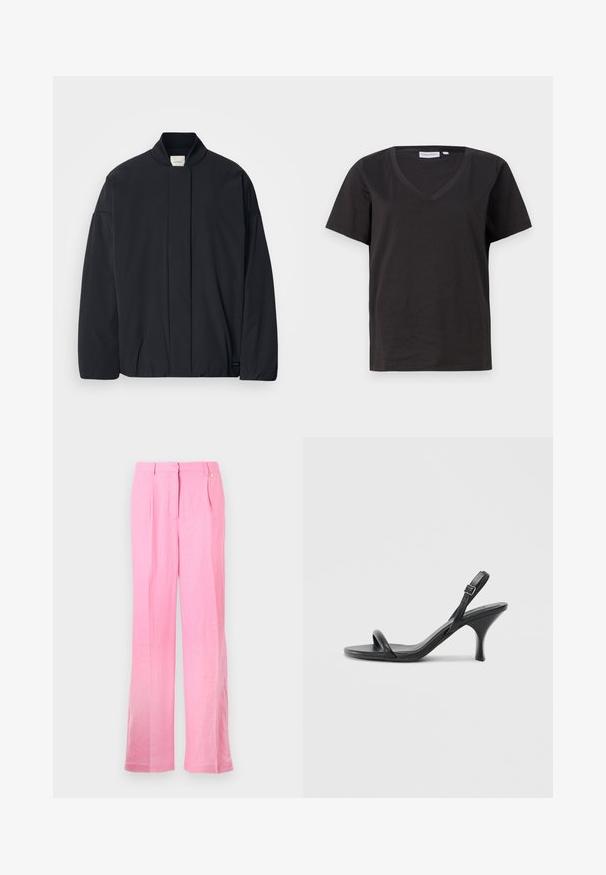 Čierna dlhá bundá s rebrovaným golierom, skrytým predným zapínaním a diskrétnou značkou na dolnom leme, položená na bielom pozadí.; Čierne bavlnené tričko s výstrihom do V a krátkymi rukávmi. Jednoduchý dizajn s bežným strihom a bez vzorov alebo akcentov.; Ružové ľanové nohavice s voľným strihom, obsahujúce predné skladky, zapínanie na gombík a bočné vrecká. Hladká textúra a rovný strih.; Čierne kožené sandále na vysokom podpätku s štíhlym, zakriveným podpätkom a prekríženým pásikovým dizajnom. Nastaviteľný pásik okolo členka. Hladká textúra.