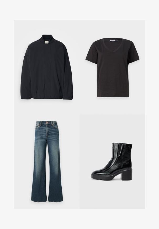 Black long-sleeve jacket with a ribbed collar, hidden front fastening, and subtle brand tag on the bottom hem, laid flat on a white background.; Black cotton T-shirt with a V-neck and short sleeves. Simple design with a regular fit and no patterns or accents.; Dark blue wide-leg jeans made of denim, featuring a classic five-pocket design, copper hardware, and subtle fading on the front.; Black patent leather ankle boots with a curved toe, elastic side panels, and a chunky block heel. Features embossed logo on the back.